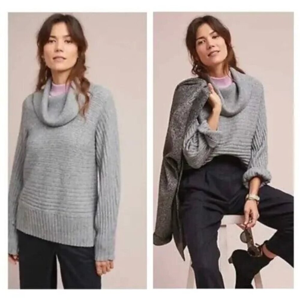 Anthropologie "Moth" Grey Ribbed Cowl Neck Oversized Cozy Knit Sweater-Medium‎ P